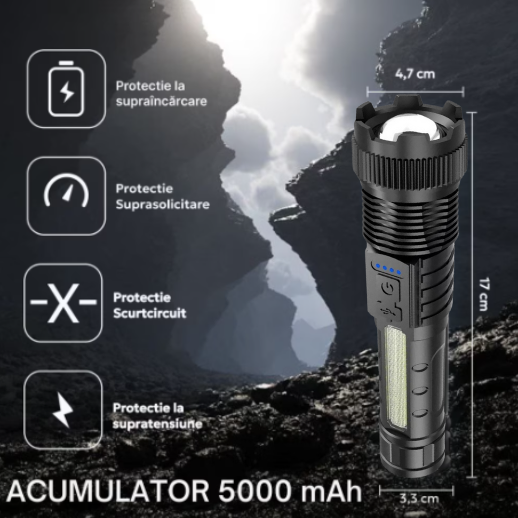 Lanternă LED Rază 1000m și Încarcare Telefon